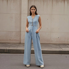 V-neck Double-breasted Sleeveless Wide Leg Overall Jeans - kinko