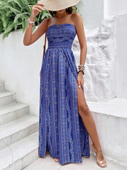 Paisley Print Halter Neck Slit Wide Leg Jumpsuit - kinko