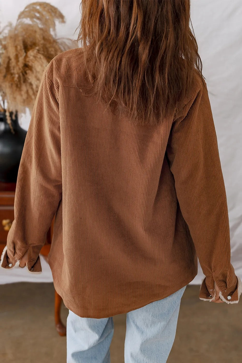 Cinnamon Fleece Lined Buttoned Flap Pockets Corduroy Jacket - kinko