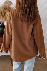 Cinnamon Fleece Lined Buttoned Flap Pockets Corduroy Jacket - kinko