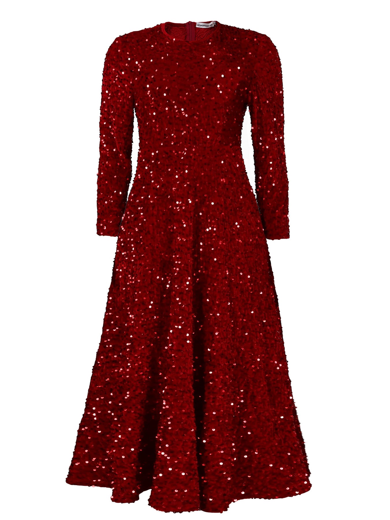 Women's Round Neck Long Sleeve Pure Color Sequins Mid-length Formal Dress - kinko
