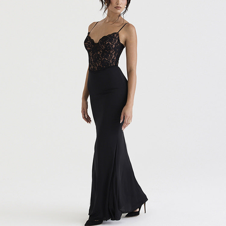 Lace High Waist Long Dress Deep V Strap Fishtail Gown - kinko