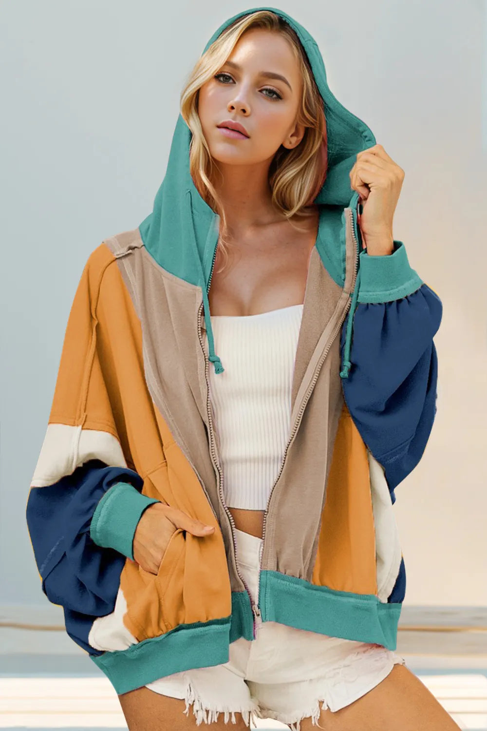Double Take Full Size Color Block Zip Up Hoodie - kinko