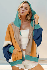 Double Take Full Size Color Block Zip Up Hoodie - kinko
