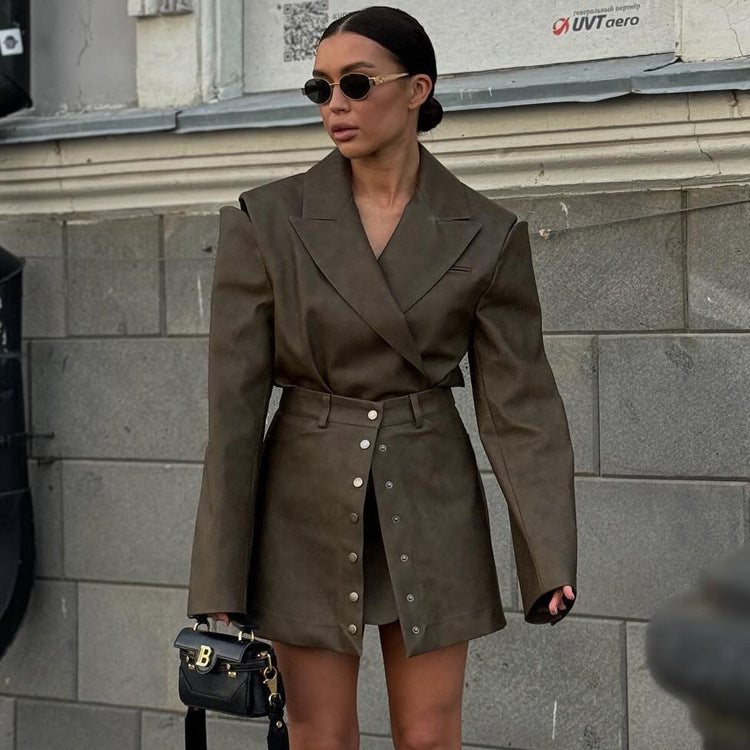 Vintage PU Leather Hollow Out Long Sleeve Top Skirt Suit - kinko