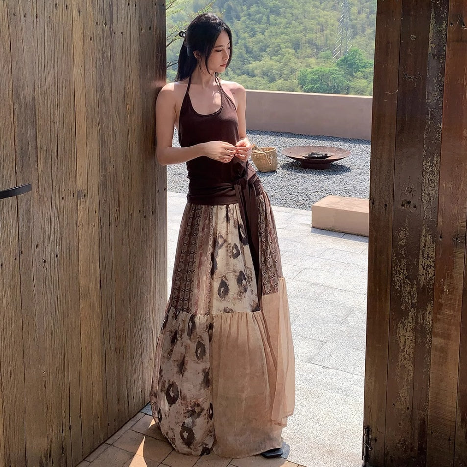 Vintage Printed Chiffon Printed Skirt - kinko