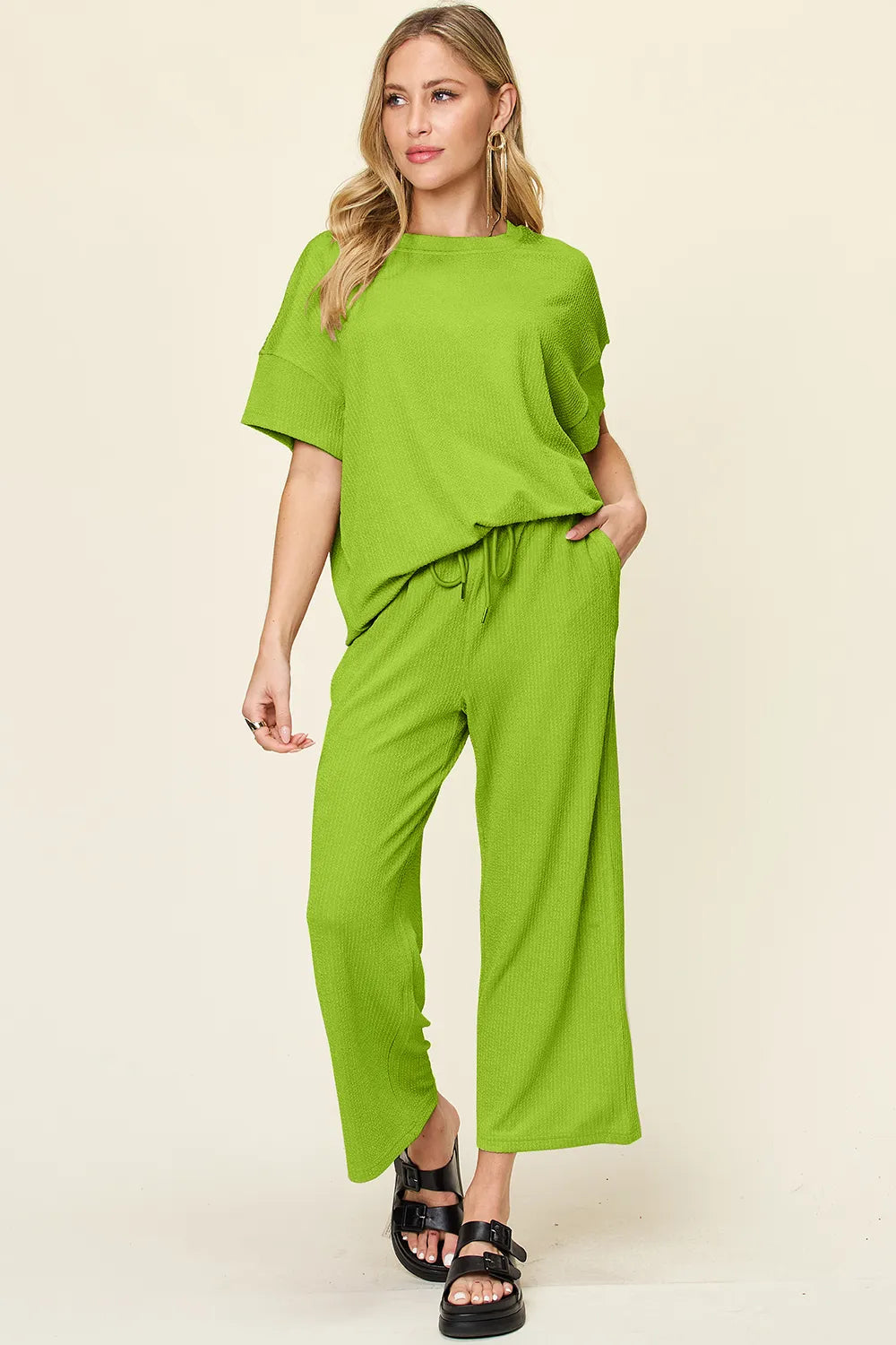 Double Take Full Size Texture Round Neck Short Sleeve T-Shirt and Wide Leg Pants - kinko