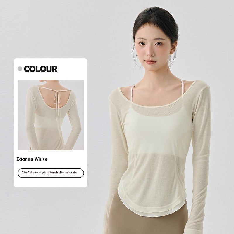 Loose Casual High-grade Yoga Clothes Blouse Hem Contrast Color Light Breathable Sexy Backless - kinko
