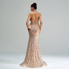 Halter Sequined Mermaid Evening Dress - kinko