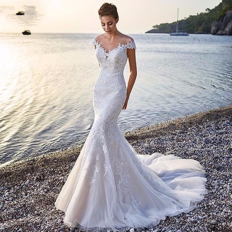 Princess Bride Mermaid Wedding Dress White Trailing Perspective Backless Lace Wedding Dress - kinko