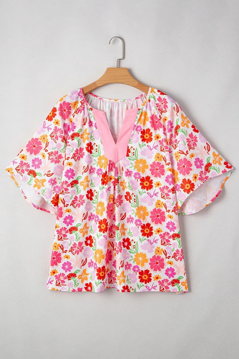 White Floral Split V Neck Wide Short Sleeve Plus Size Blouse Top - kinko