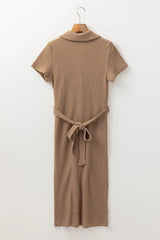 Buckskin Short Sleeve Textured Button Up Tie Waist Long Dress - kinko