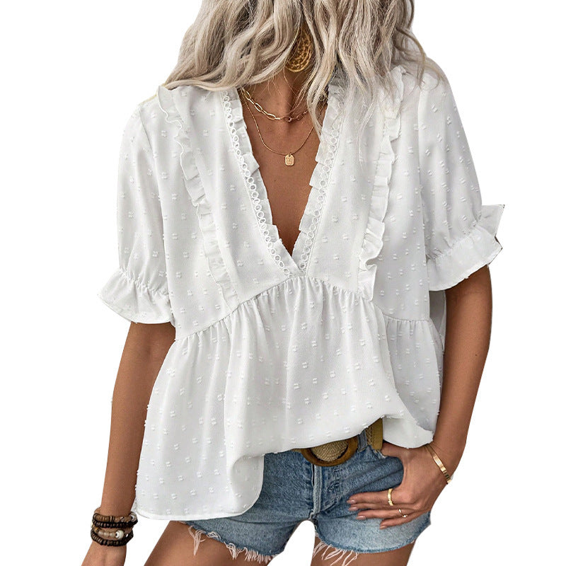 Women's Cut Flower Fur Ball Short-sleeved Lace Shirt - kinko