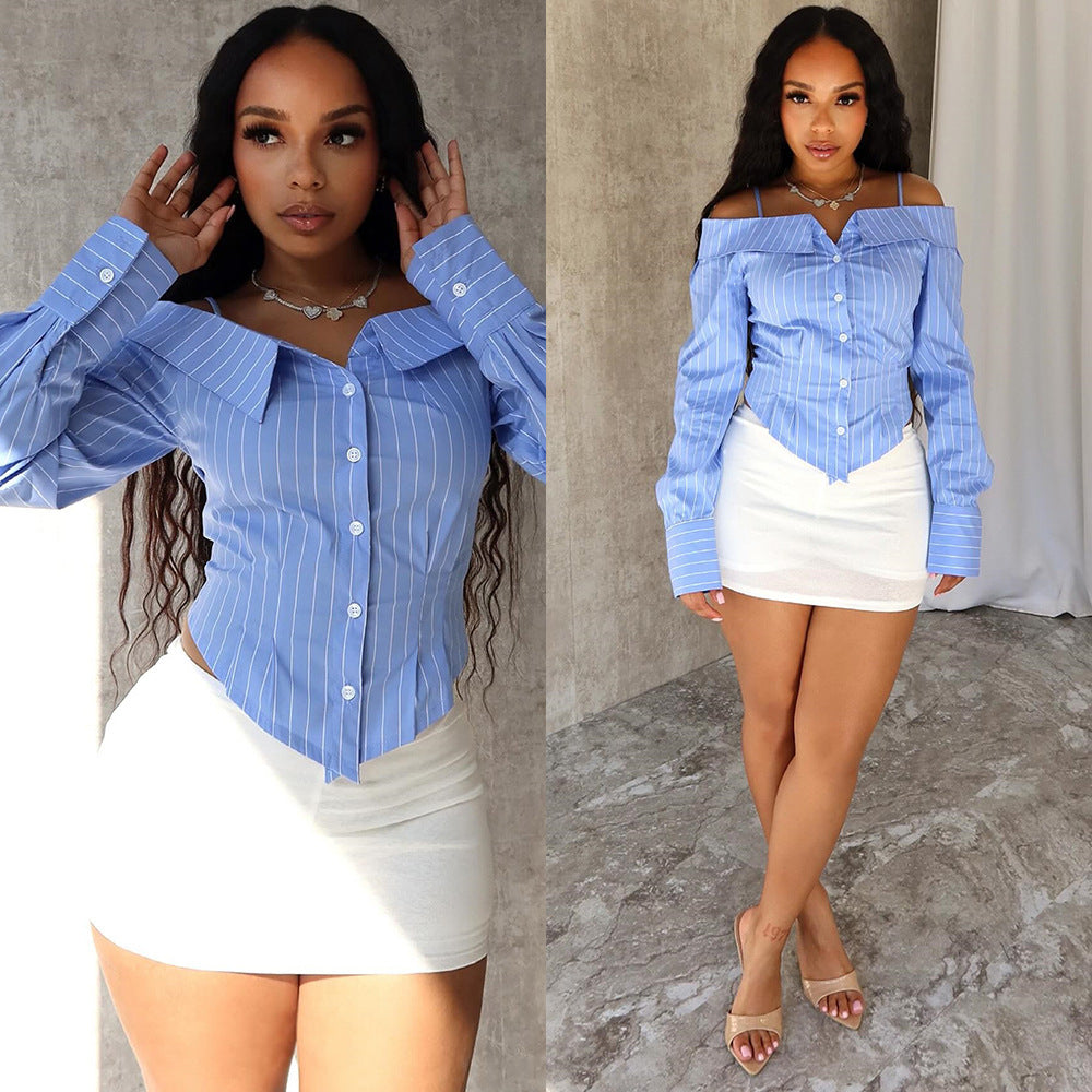 Hot Girl Style Women's Clothing Shirt Long Sleeve Off-the-shoulder Shirt Women - kinko