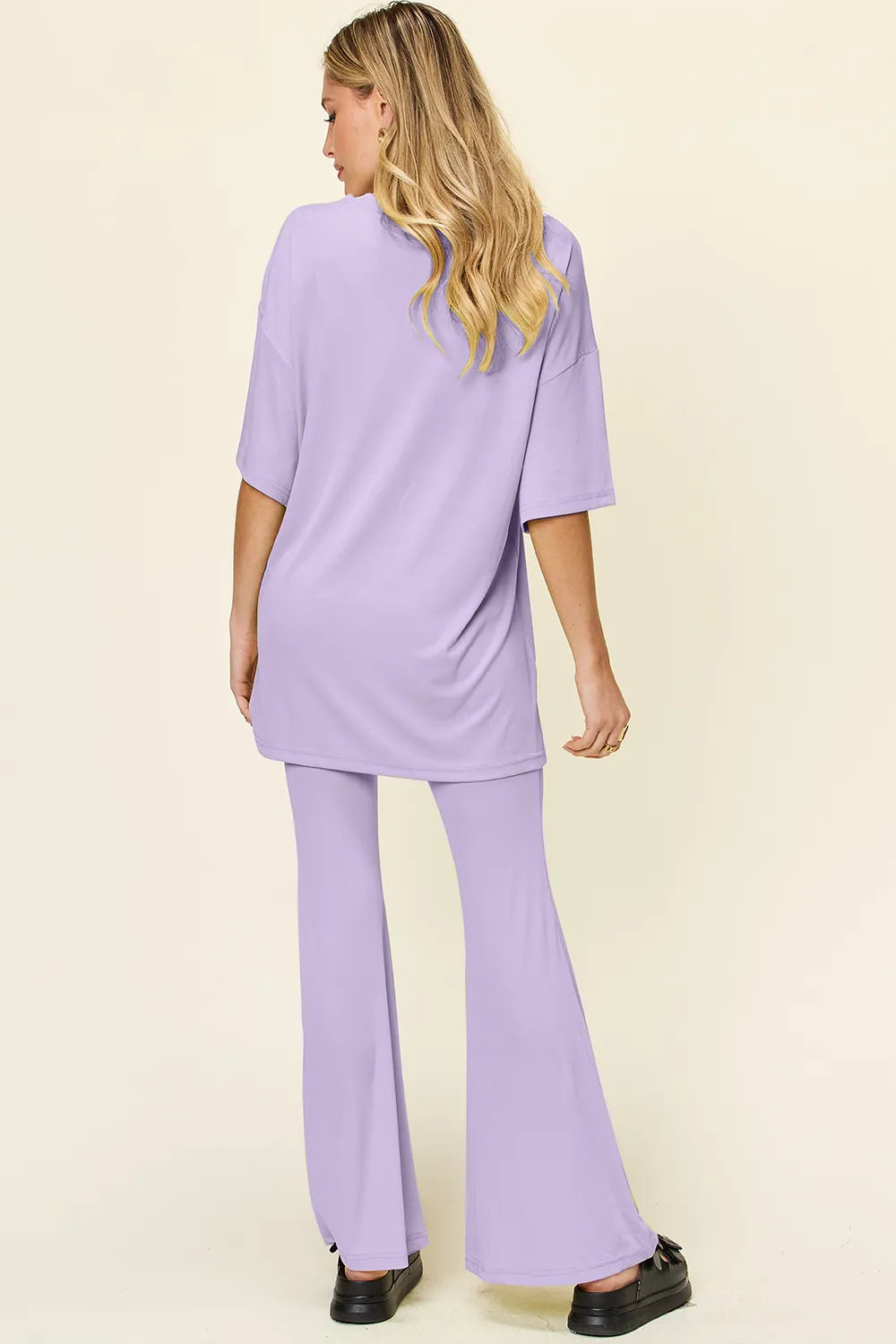 Double Take Full Size Round Neck Drop Shoulder T-Shirt and Flare Pants Set - kinko