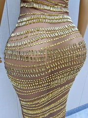 Sexy Luxury Shiny Rhinestone Dress Performance Costume Party Evening Dress - kinko