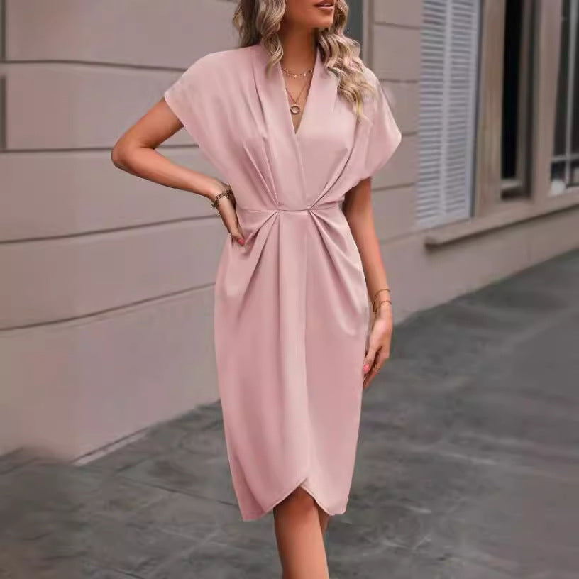 Summer Batwing Sleeve Dress Fashion V-neck Short Sleeve Pleated Dresses Womens Clothing - kinko