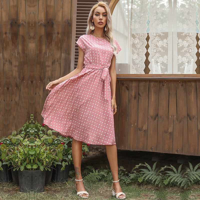 Summer Women Polka Dot Short Sleeve Dress Casual Bandage Party Pleated Midi Dresses Elegant Green Office Lady Clothing - kinko
