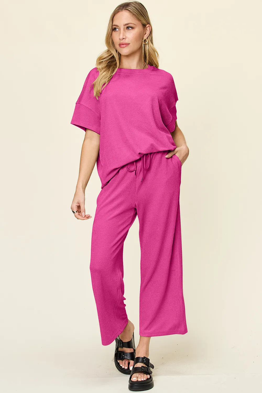 Double Take Full Size Texture Round Neck Short Sleeve T-Shirt and Wide Leg Pants - kinko