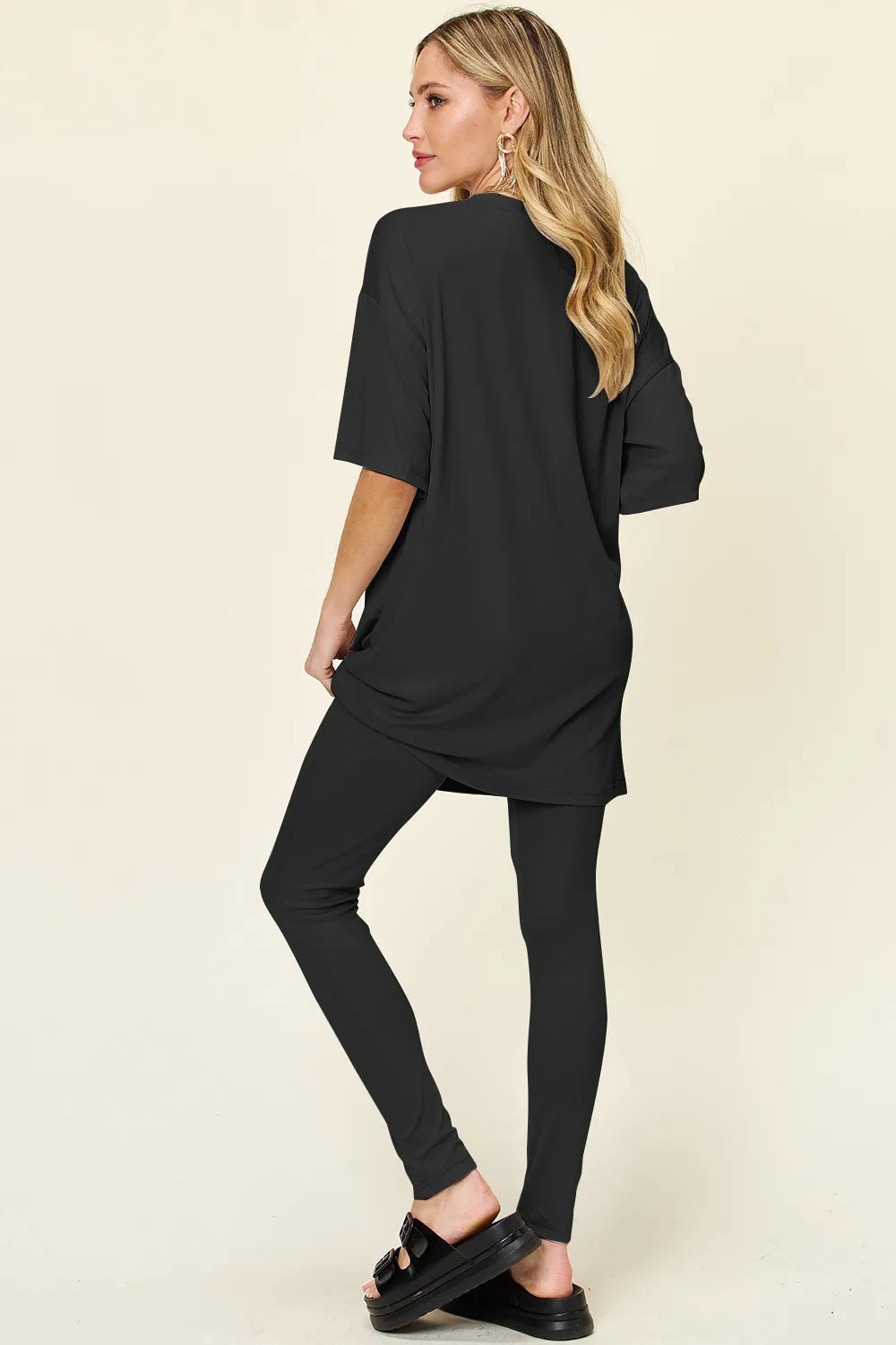 Double Take Full Size Round Neck Dropped Shoulder T-Shirt and Leggings Set - kinko