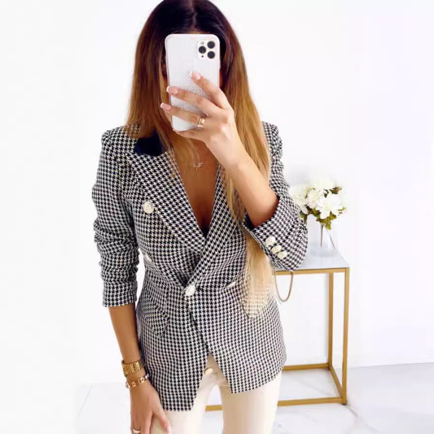 Women's Houndstooth Blazer Pocket Coat - kinko