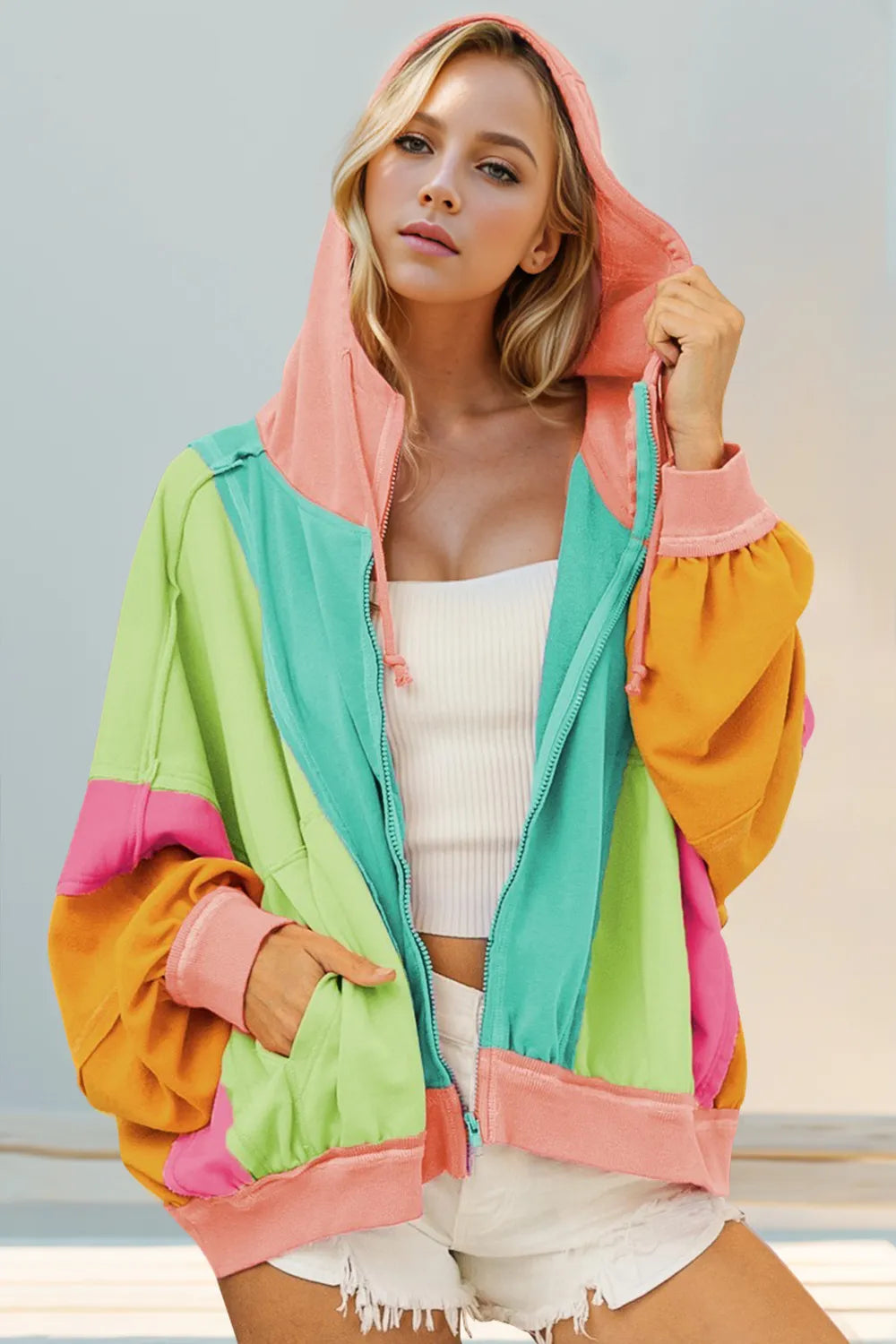 Double Take Full Size Color Block Zip Up Hoodie - kinko