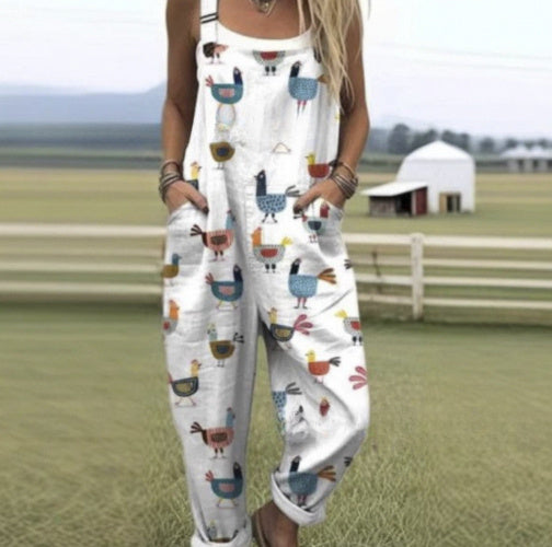 Women's Summer Digital Printing Button Casual Suspender Trousers - kinko