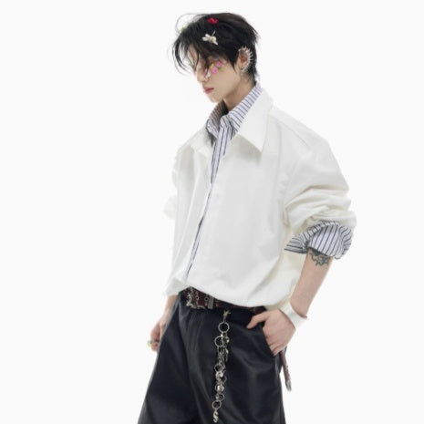 Male Niche Striped Contrasting Patchwork Shirt Top - kinko